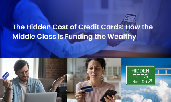 Illustration of middle-class people bearing hidden credit card fees while wealthy consumers receive rewards